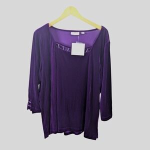 Quacker Factory Womens Velvet Rhinestone Top‎ sz 1X NWT Purple Jewel Boho Artsy